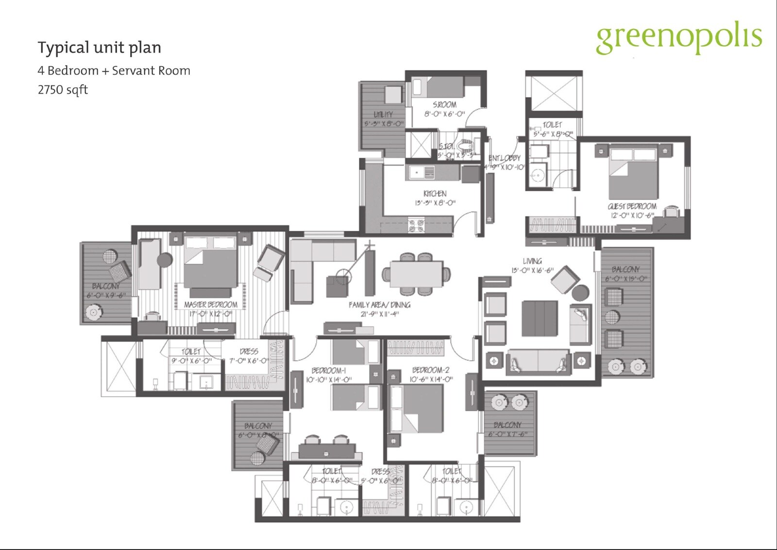 Floor plan of 4 BHK 2750 Sq. Ft. Apartment in 3C Orris Greenopolis, Gurgaon