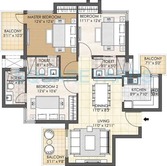Floor plan of 3 BHK 1699 Sq. Ft. Apartment in Adani M2K Oyster Grande, Gurgaon