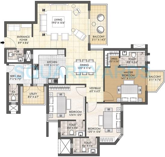 Floor plan of 3 BHK 2550 Sq. Ft. Apartment in Adani M2K Oyster Grande, Gurgaon