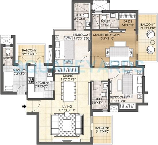 Floor plan of 3 BHK 1889 Sq. Ft. Apartment in Adani M2K Oyster Grande, Gurgaon