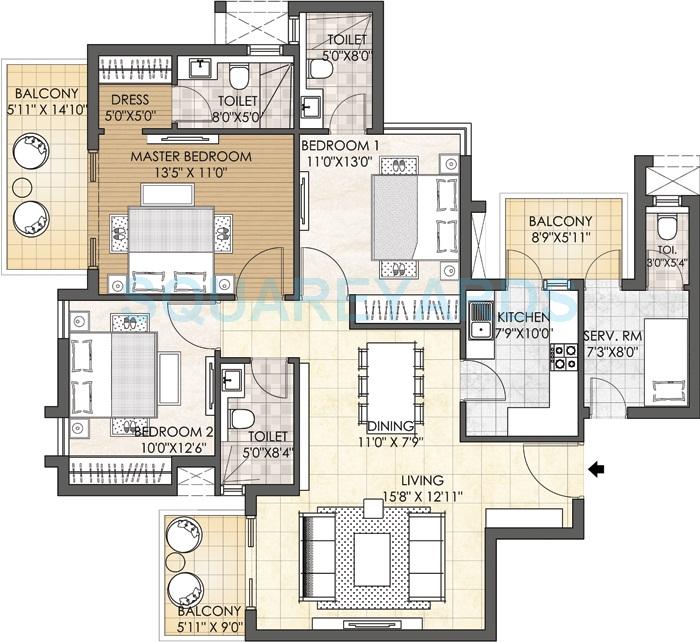 Floor plan of 3 BHK 1898 Sq. Ft. Apartment in Adani M2K Oyster Grande, Gurgaon