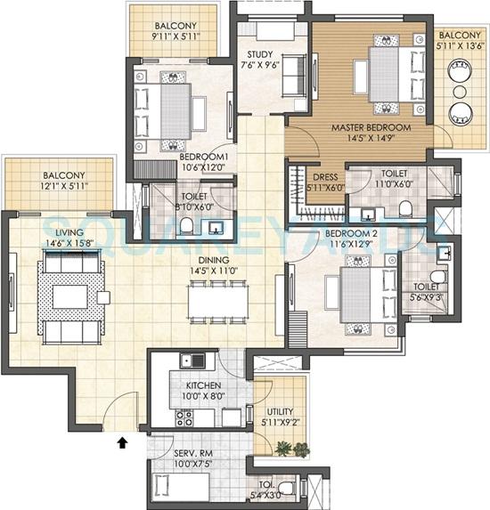 Floor plan of 3 BHK 2598 Sq. Ft. Apartment in Adani M2K Oyster Grande, Gurgaon