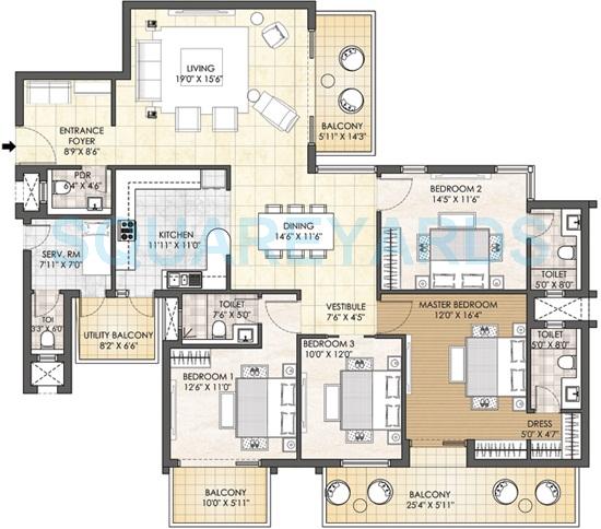 Floor plan of 4 BHK 3188 Sq. Ft. Apartment in Adani M2K Oyster Grande, Gurgaon