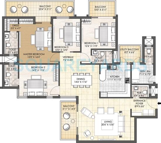 Floor plan of 4 BHK 3198 Sq. Ft. Apartment in Adani M2K Oyster Grande, Gurgaon