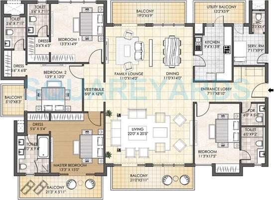 Floor plan of 4 BHK 4548 Sq. Ft. Apartment in Adani M2K Oyster Grande, Gurgaon