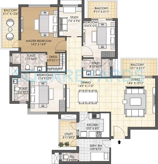 Floor plan of 3 BHK 2579 Sq. Ft. Apartment in Adani M2K Oyster Grande, Gurgaon
