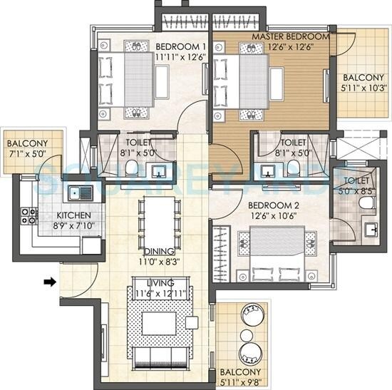 Floor plan of 3 BHK 1689 Sq. Ft. Apartment in Adani Oyster Grande Phase 2, Gurgaon