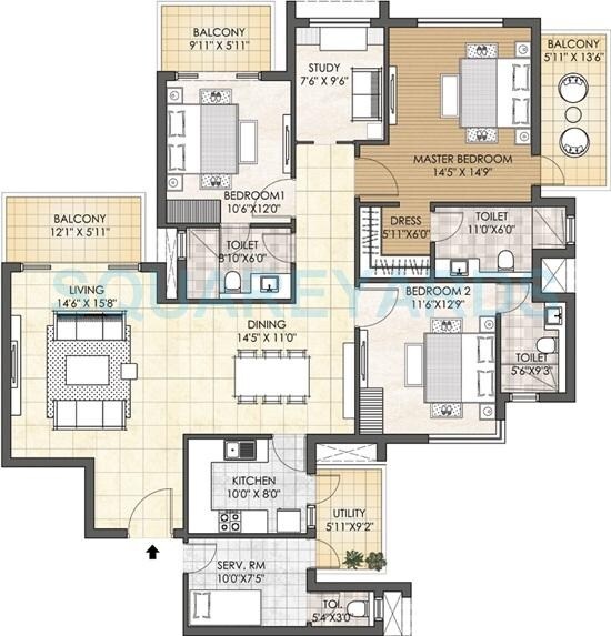 Floor plan of 3 BHK 2598 Sq. Ft. Apartment in Adani Oyster Grande Phase 2, Gurgaon
