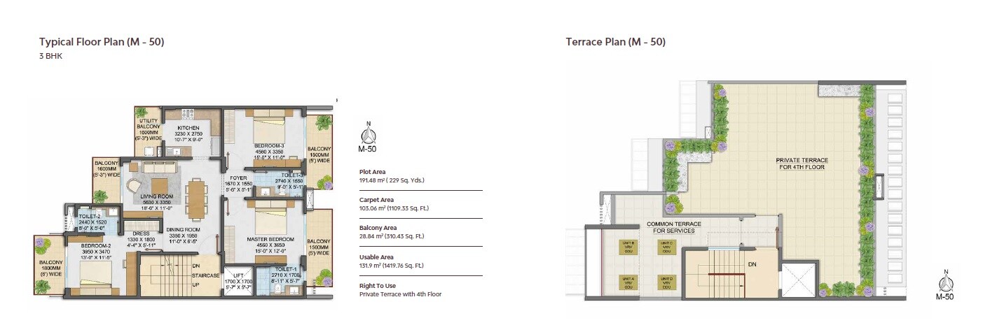 Floor plan of 3 BHK 1420 Sq. Ft. Ind Floor in Adani Samsara Arya, Gurgaon