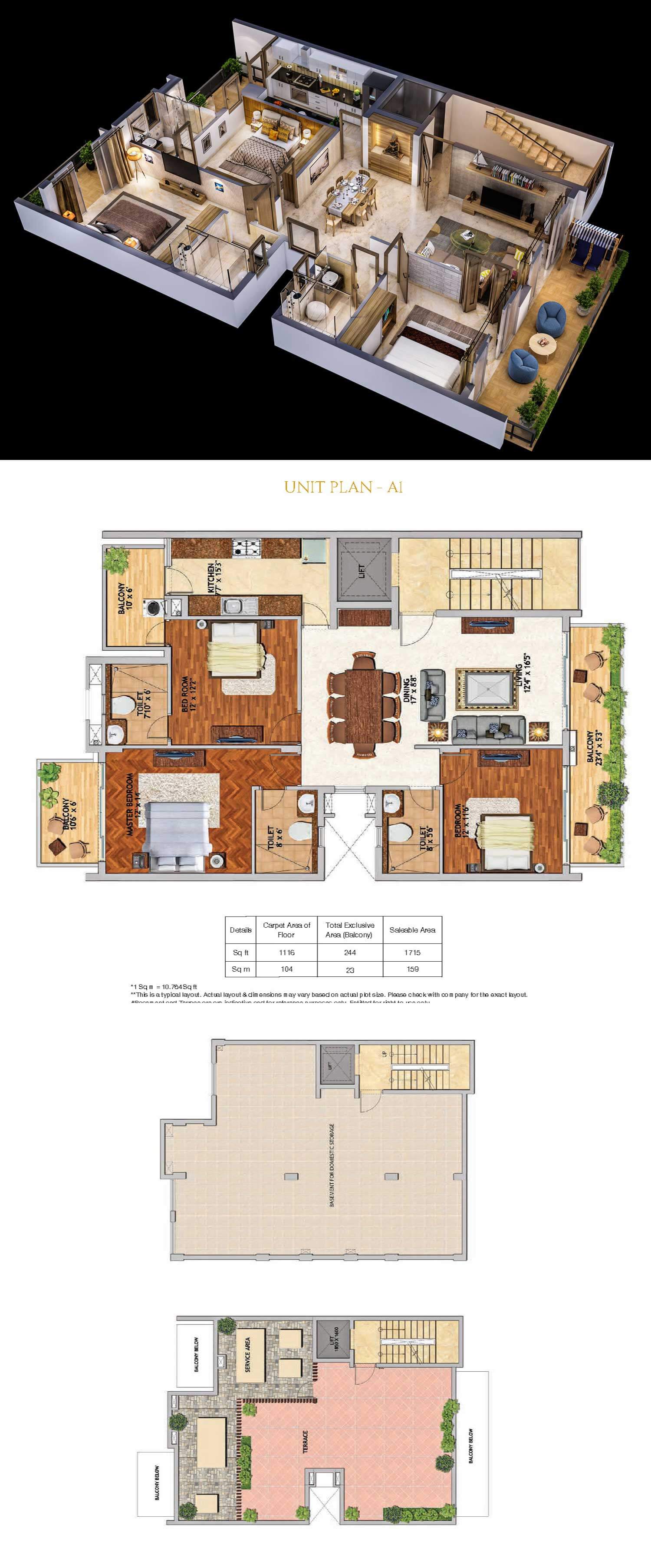 Floor plan of 3 BHK 1715 Sq. Ft. Villa in Adani Samsara, Gurgaon