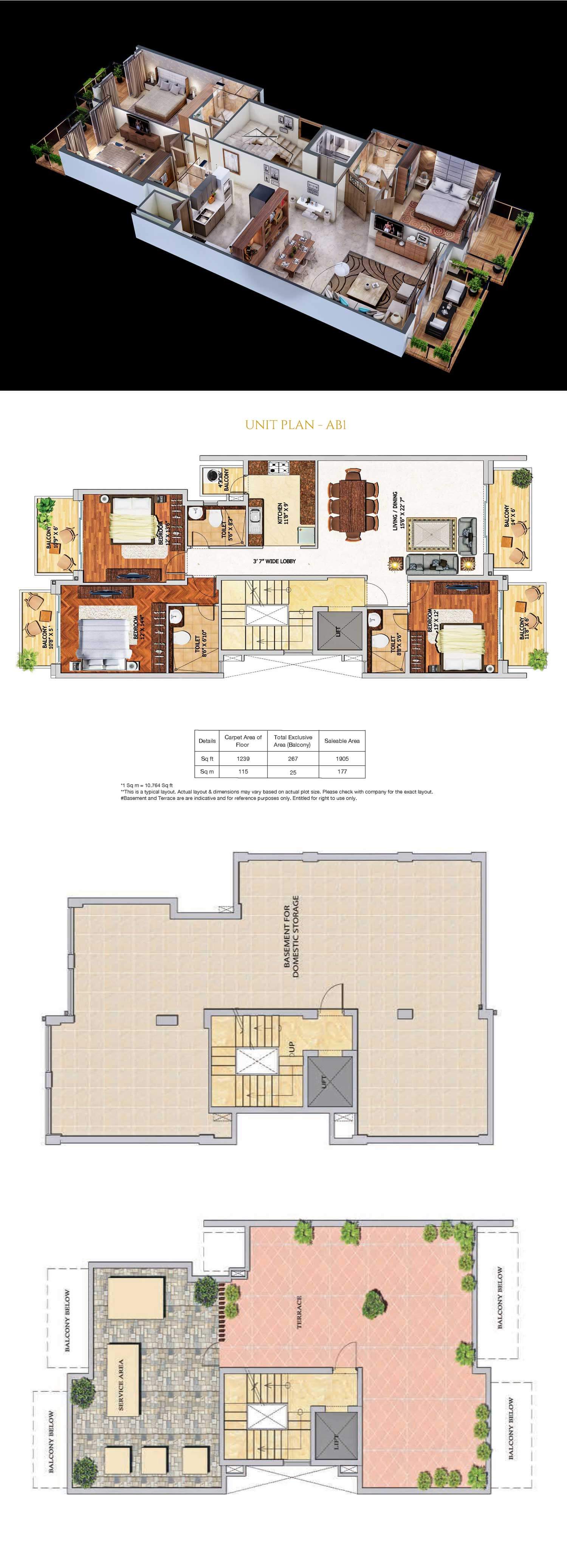 Floor plan of 3 BHK 1905 Sq. Ft. Villa in Adani Samsara, Gurgaon