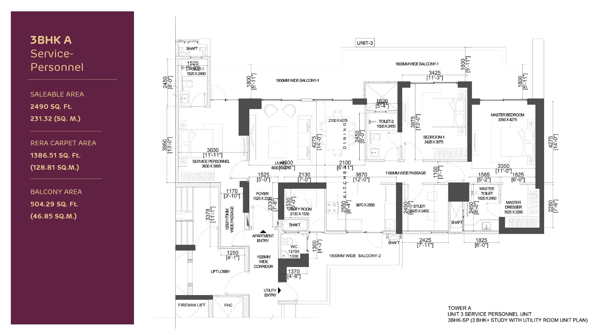 Floor plan of 3 BHK 2490 Sq. Ft. Apartment in Adani The Marq, Gurgaon
