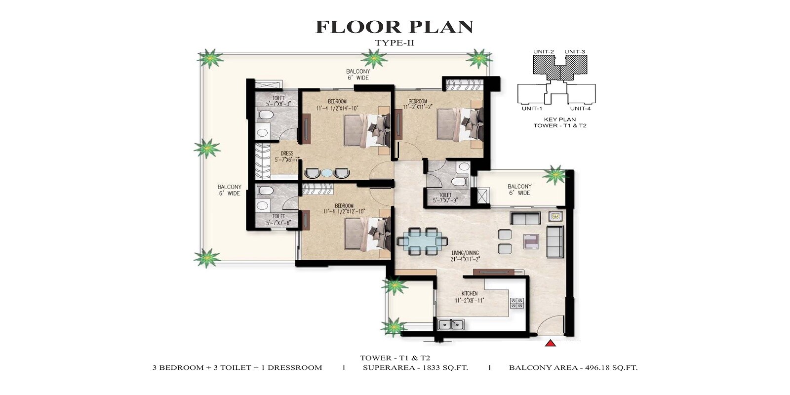 Floor plan of 3 BHK 1833 Sq. Ft. Apartment in Adore The Select Premia, Gurgaon