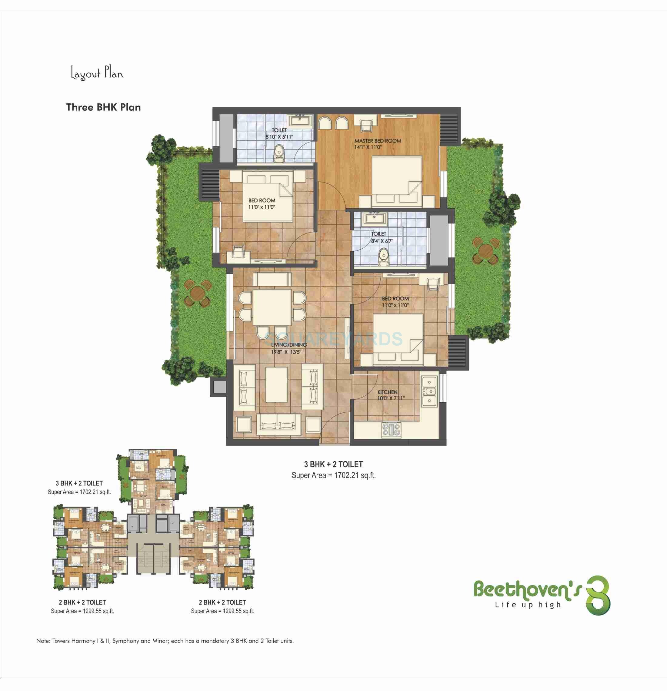 Floor plan of 3 BHK 1702 Sq. Ft. Apartment in Agrante Beethovens 8, Gurgaon