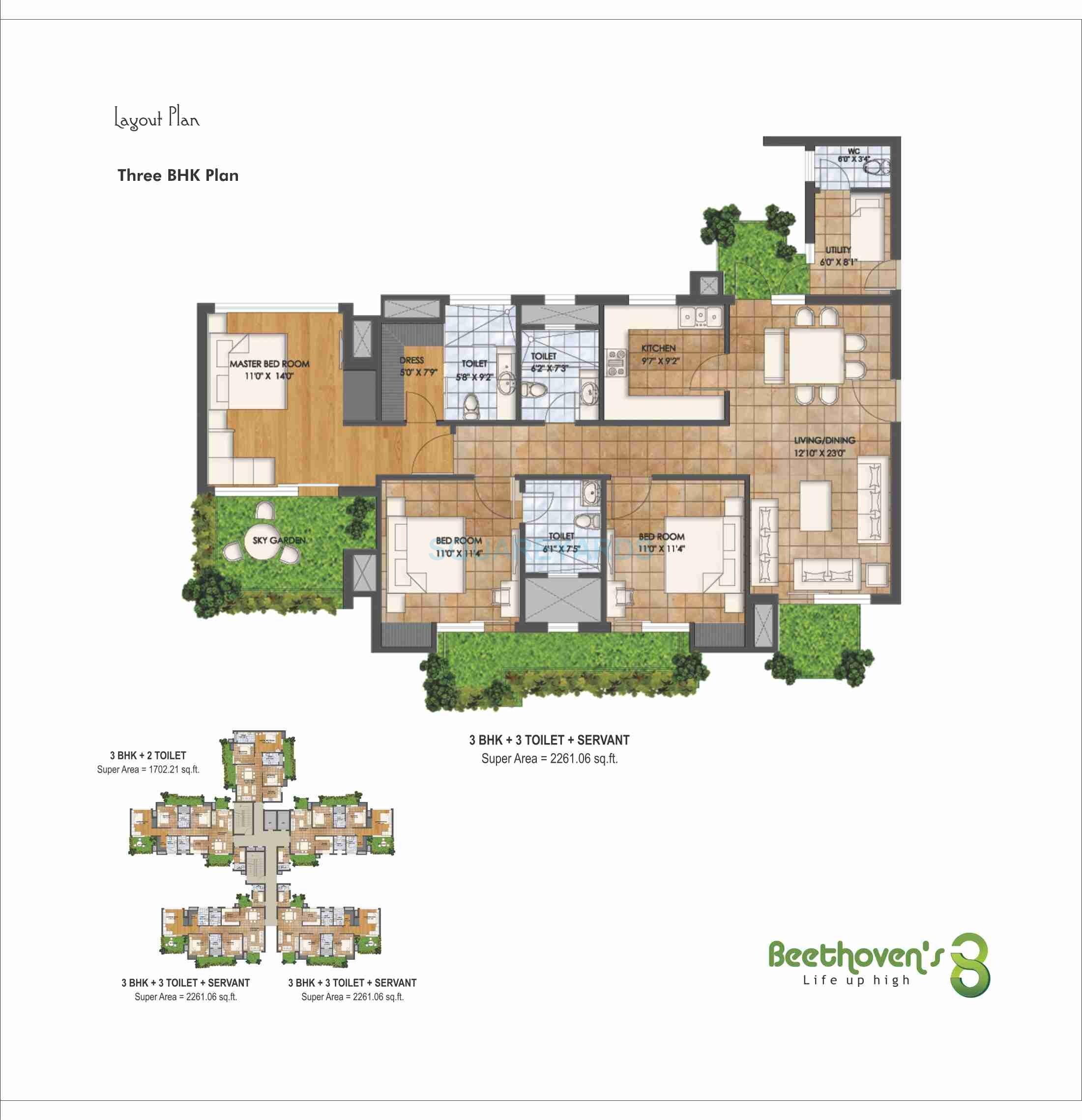 Floor plan of 3 BHK 2261 Sq. Ft. Apartment in Agrante Beethovens 8, Gurgaon