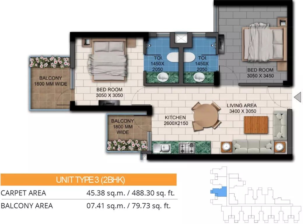 Floor plan of 2 BHK 568 Sq. Ft. Apartment in Agrante Kavyam Homes, Gurgaon