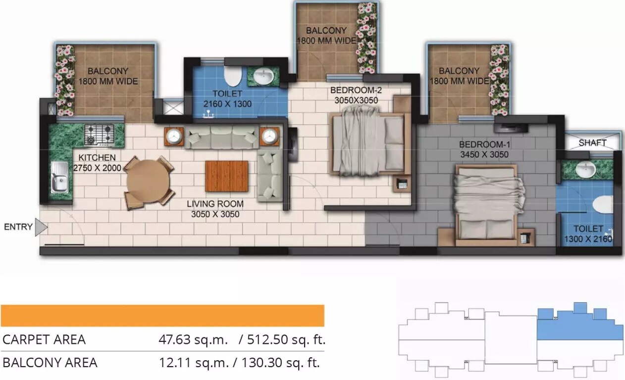 Floor plan of 2 BHK 642 Sq. Ft. Apartment in Agrante Kavyam Homes, Gurgaon