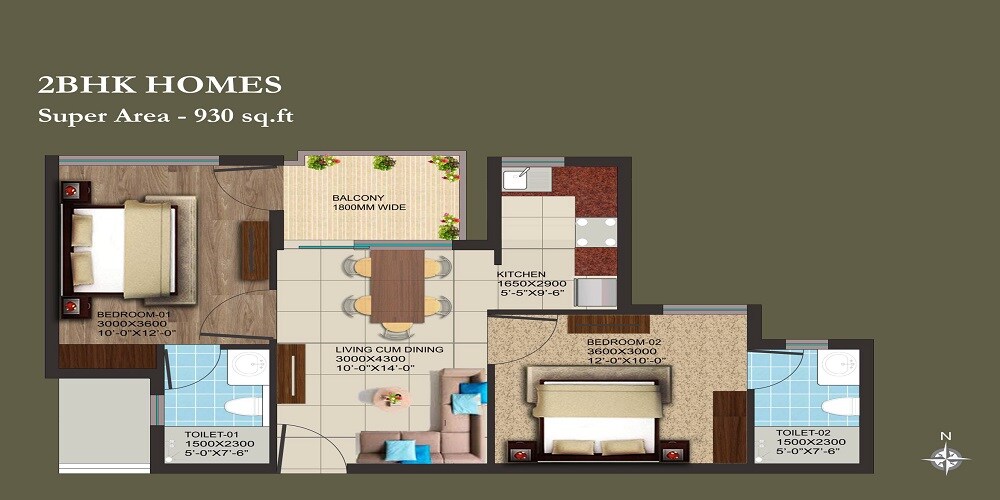 Floor plan of 2 BHK 930 Sq. Ft. Apartment in AIPL Club Residences, Gurgaon