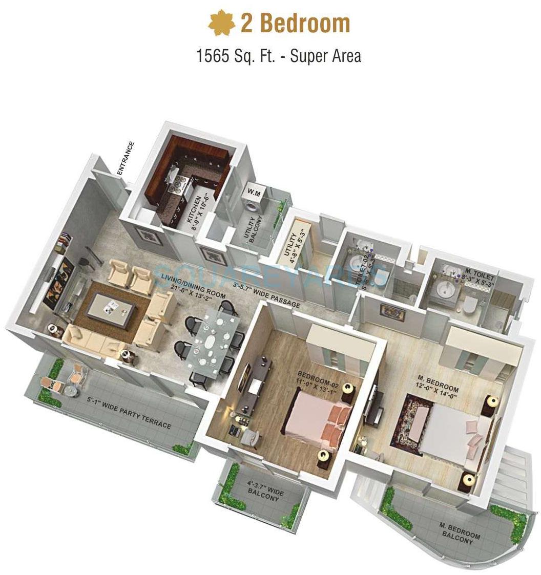 Floor plan of 2 BHK 1565 Sq. Ft. Apartment in AIPL The Peaceful Homes, Gurgaon