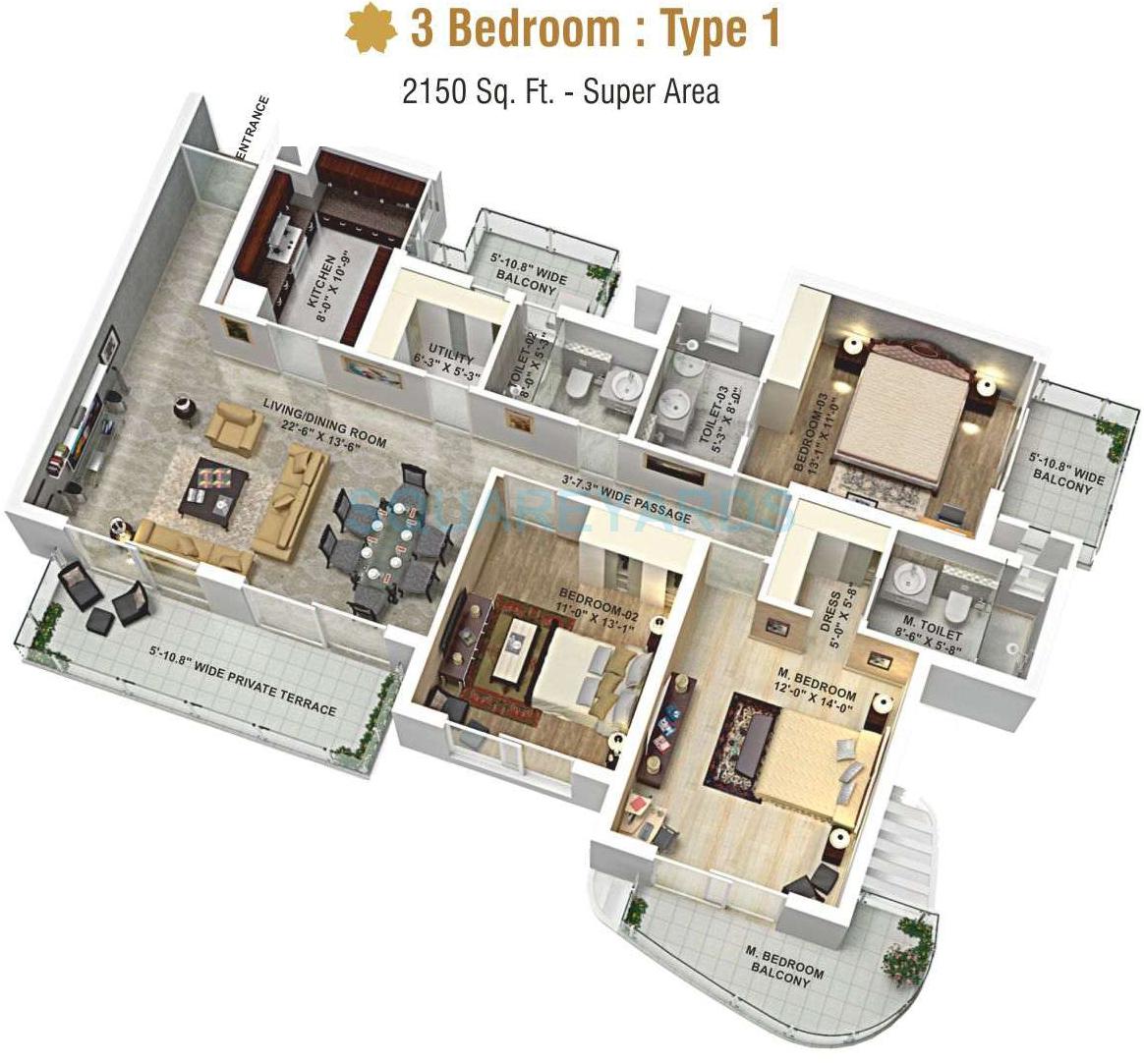 Floor plan of 3 BHK 2150 Sq. Ft. Apartment in AIPL The Peaceful Homes, Gurgaon
