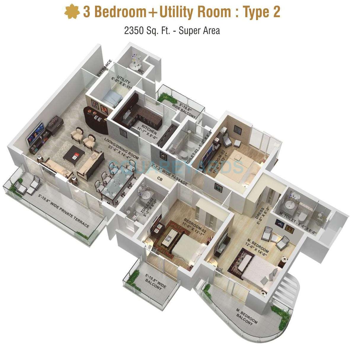 Floor plan of 3 BHK 2350 Sq. Ft. Apartment in AIPL The Peaceful Homes, Gurgaon