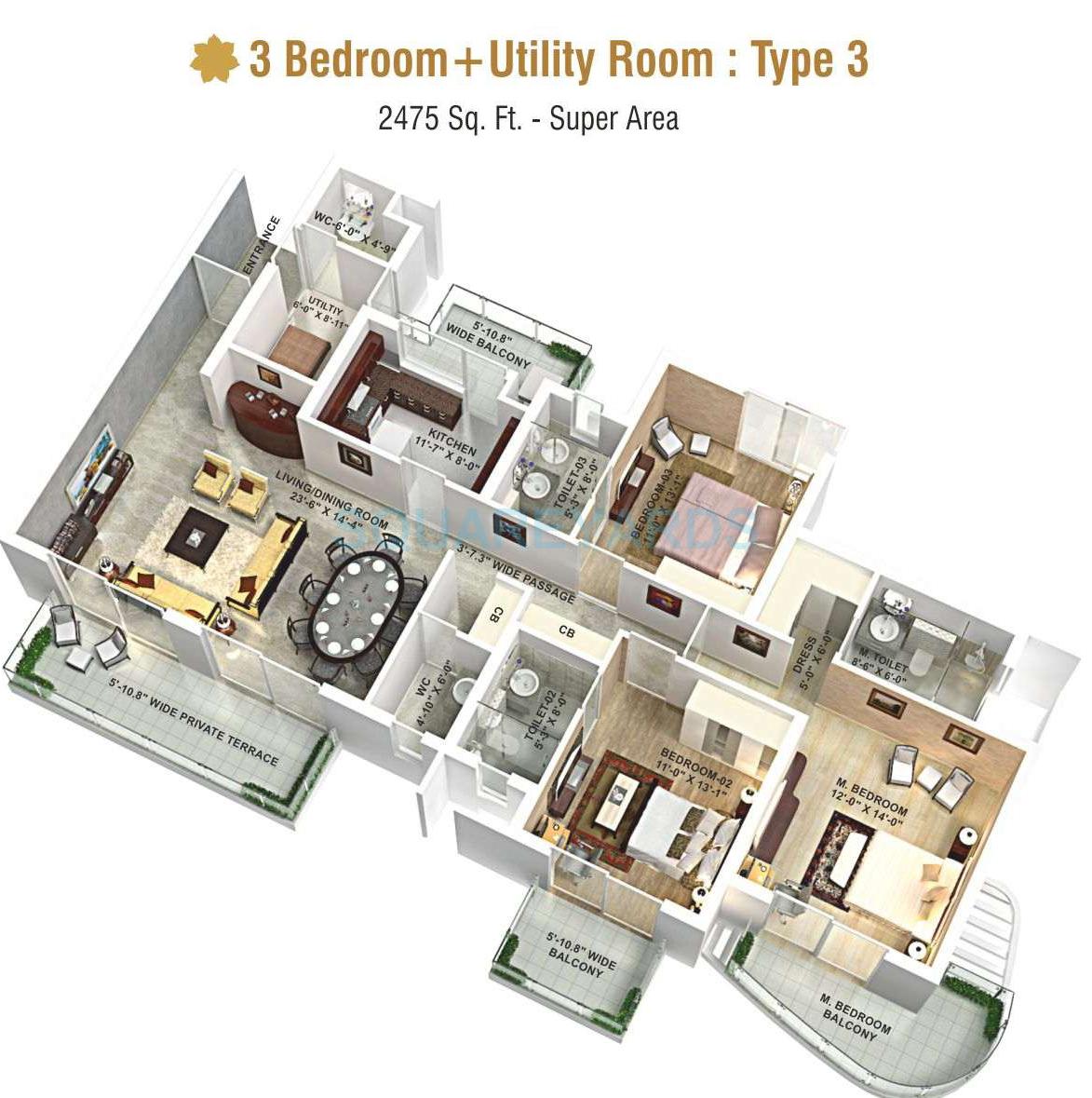Floor plan of 3 BHK 2475 Sq. Ft. Apartment in AIPL The Peaceful Homes, Gurgaon