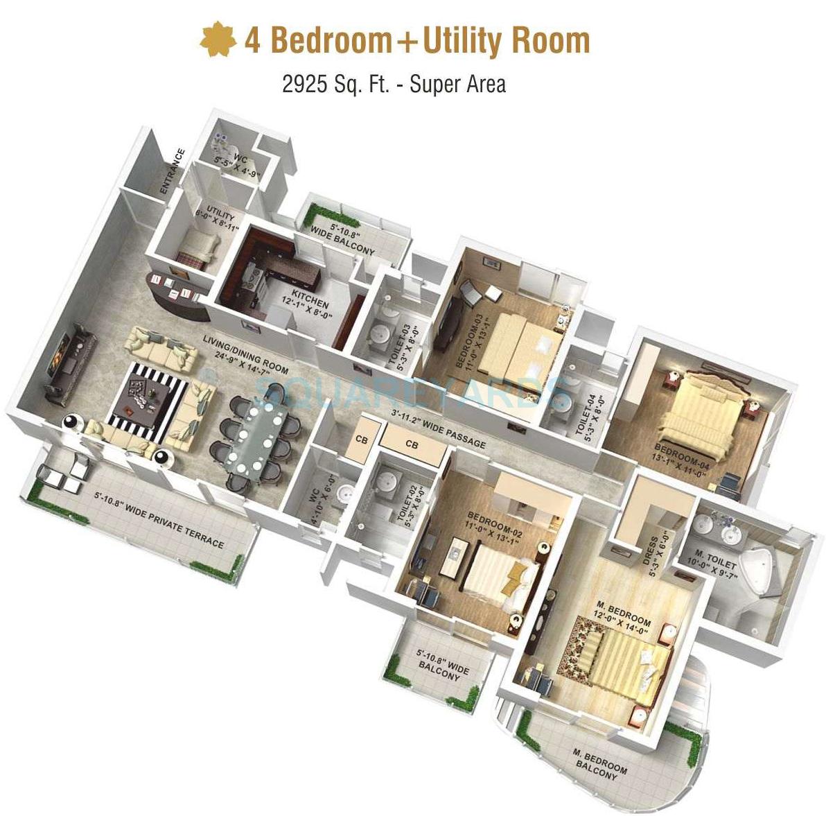 Floor plan of 4 BHK 2925 Sq. Ft. Apartment in AIPL The Peaceful Homes, Gurgaon
