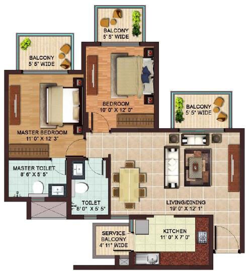 Floor plan of 2 BHK 1262 Sq. Ft. Apartment in AIPL Zen Residences, Gurgaon