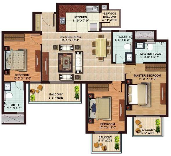 Floor plan of 3 BHK 1655 Sq. Ft. Apartment in AIPL Zen Residences, Gurgaon