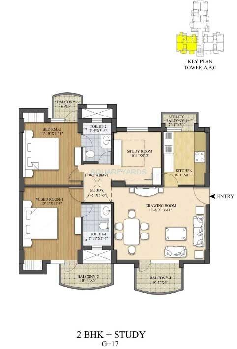 Floor plan of 2 BHK 1412 Sq. Ft. Apartment in Akme Raaga, Gurgaon