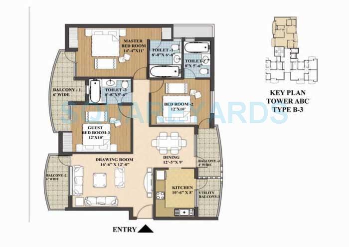 Floor plan of 3 BHK 1667 Sq. Ft. Apartment in Akme Raaga, Gurgaon