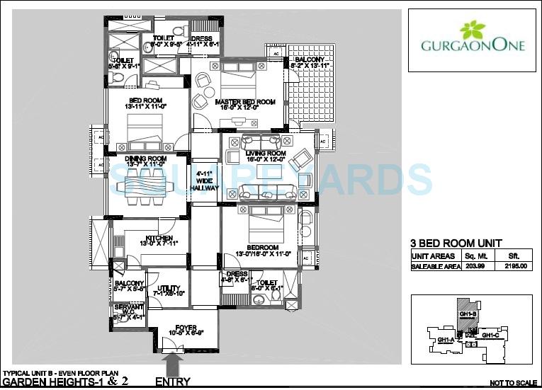 Floor plan of 3 BHK 2195 Sq. Ft. Apartment in Alphacorp Gurgaon One 22, Gurgaon