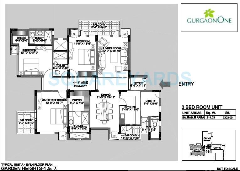 Floor plan of 3 BHK 2303 Sq. Ft. Apartment in Alphacorp Gurgaon One 22, Gurgaon