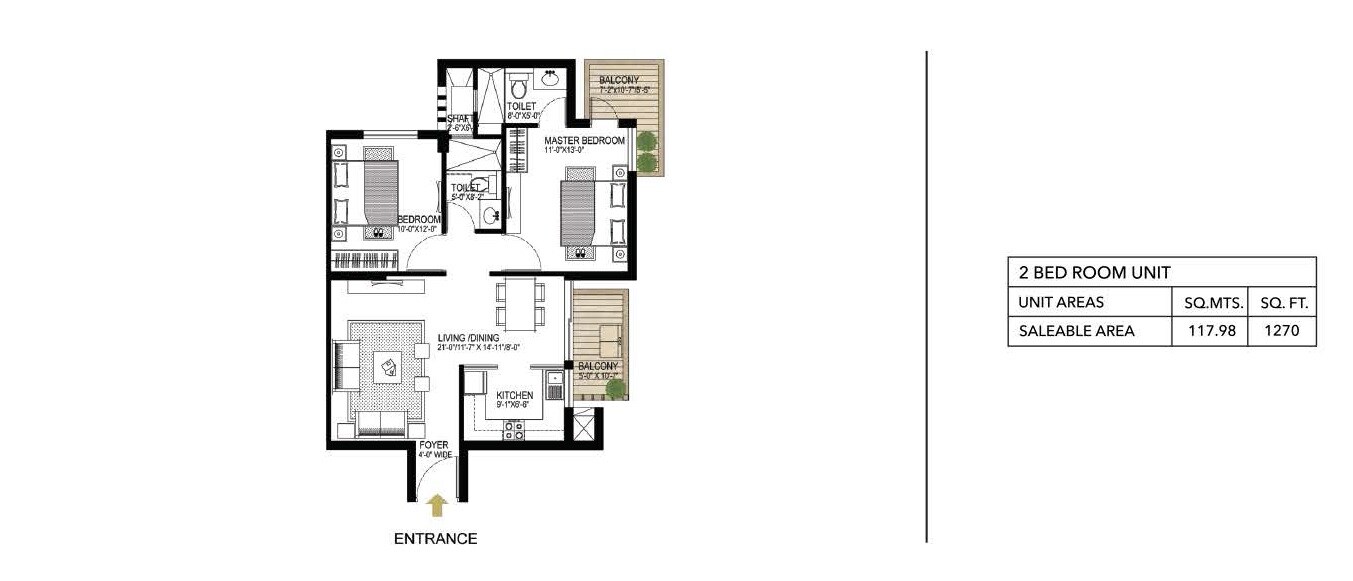 Floor plan of 2 BHK 1270 Sq. Ft. Apartment in Alphacorp Gurgaon One 84, Gurgaon