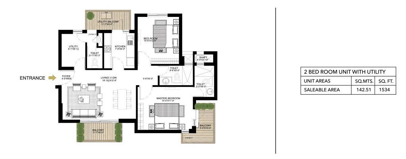 Floor plan of 2 BHK 1534 Sq. Ft. Apartment in Alphacorp Gurgaon One 84, Gurgaon