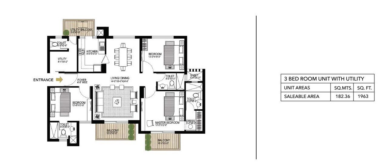 Floor plan of 3 BHK 1963 Sq. Ft. Apartment in Alphacorp Gurgaon One 84, Gurgaon