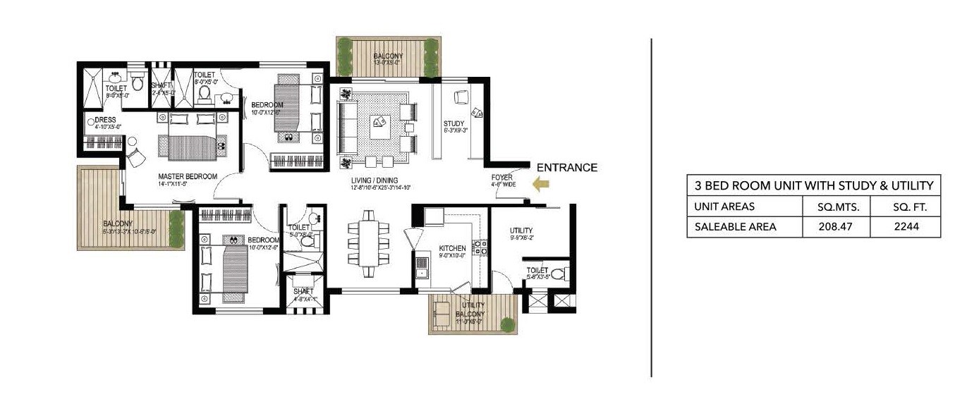 Floor plan of 3 BHK 2244 Sq. Ft. Apartment in Alphacorp Gurgaon One 84, Gurgaon
