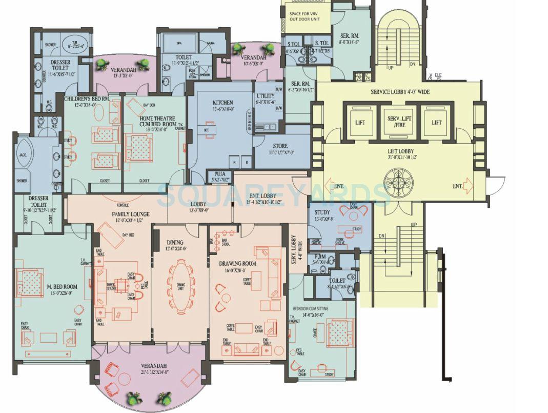 Floor plan of 4 BHK 7000 Sq. Ft. Apartment in Ambience Caitriona, Gurgaon
