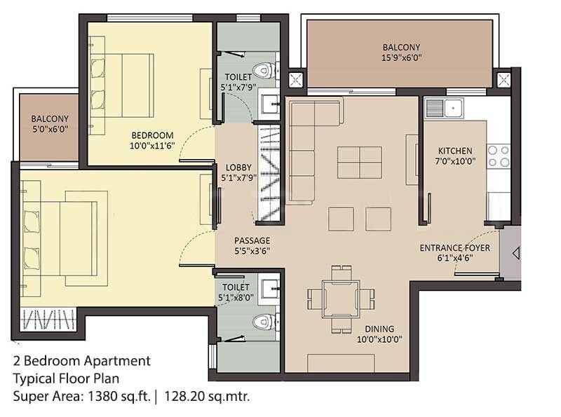 Floor plan of 2 BHK 1380 Sq. Ft. Apartment in Ambience Creacions, Gurgaon