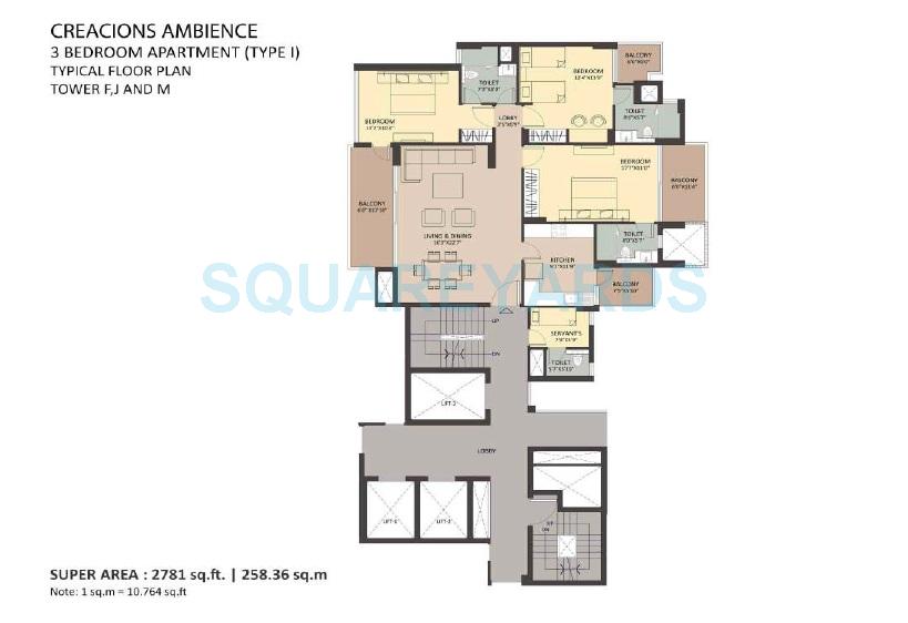 Floor plan of 3 BHK 2781 Sq. Ft. Apartment in Ambience Creacions, Gurgaon