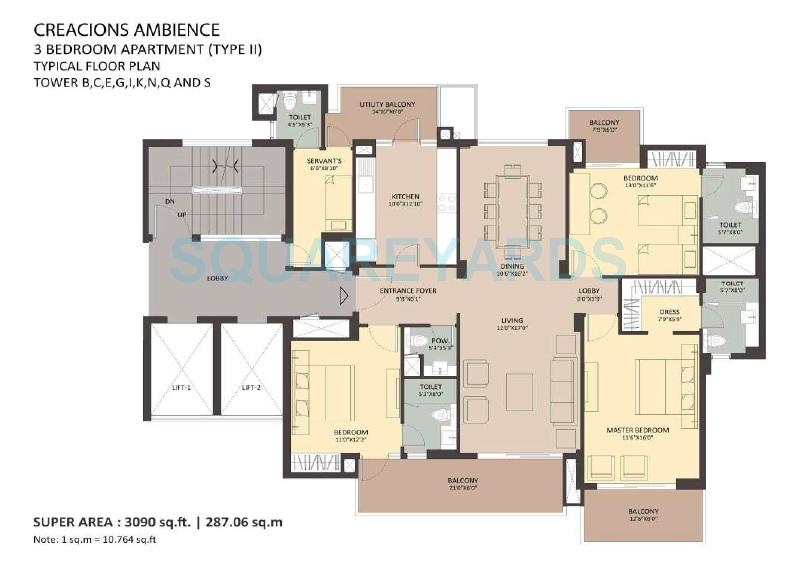 Floor plan of 3 BHK 3090 Sq. Ft. Apartment in Ambience Creacions, Gurgaon