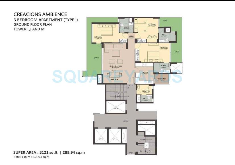 Floor plan of 3 BHK 3121 Sq. Ft. Apartment in Ambience Creacions, Gurgaon