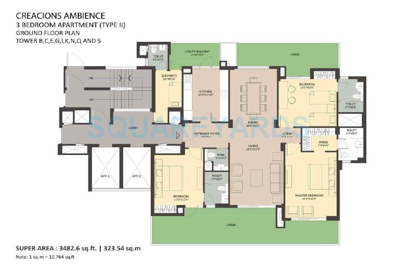 Floor plan of 3 BHK 3482 Sq. Ft. Apartment in Ambience Creacions, Gurgaon