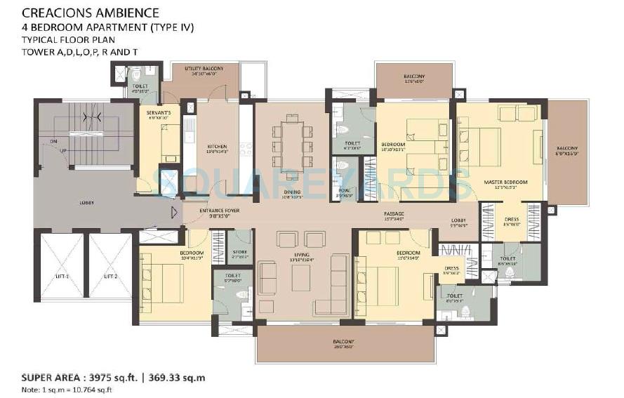 Floor plan of 4 BHK 3975 Sq. Ft. Apartment in Ambience Creacions, Gurgaon