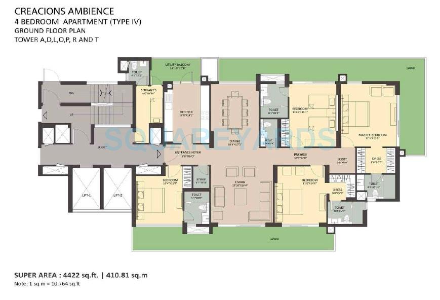Floor plan of 4 BHK 4422 Sq. Ft. Apartment in Ambience Creacions, Gurgaon