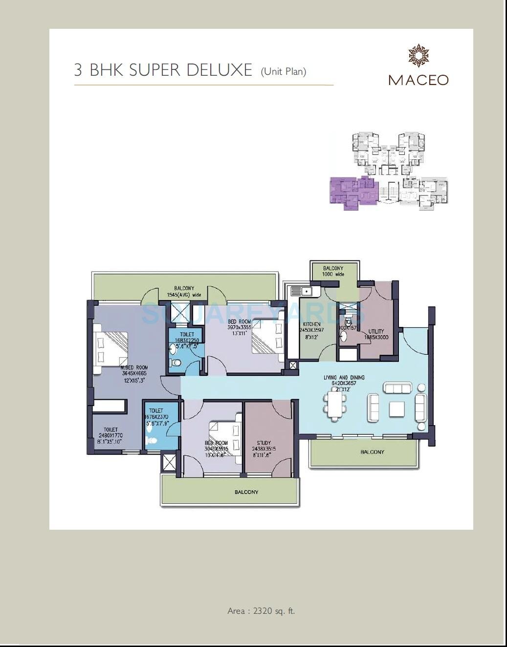 Floor plan of 3 BHK 2320 Sq. Ft. Apartment in Anant Raj Maceo, Gurgaon