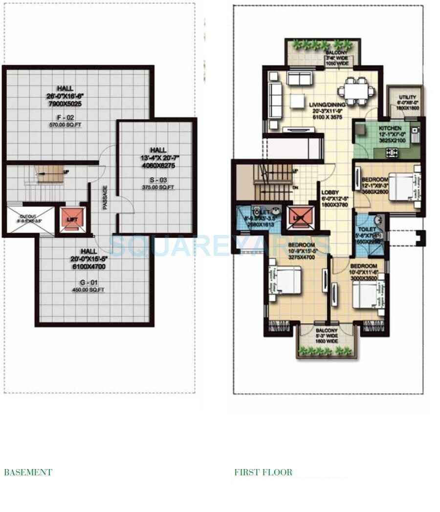 Floor plan of 3 BHK 1970 Sq. Ft. Ind Floor in Anant Raj The Estate Floors, Gurgaon