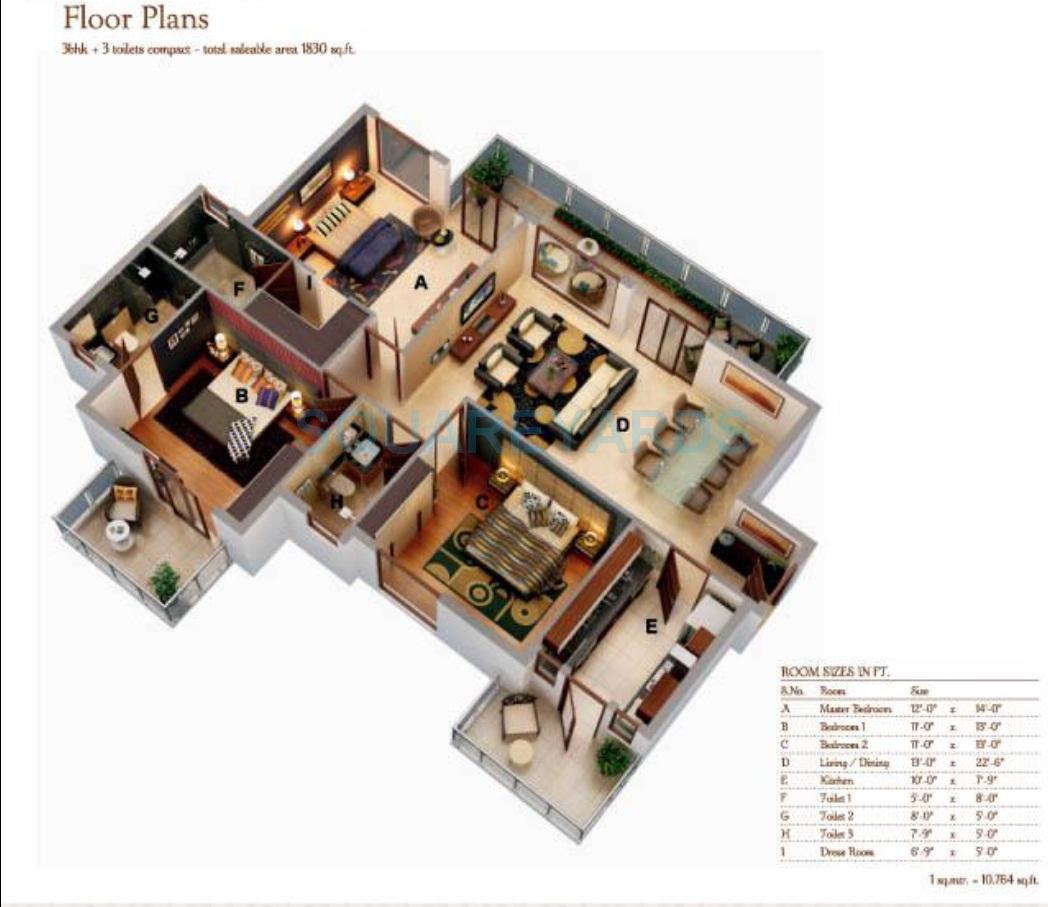 Floor plan of 3 BHK 1830 Sq. Ft. Apartment in Ansal Amantre, Gurgaon