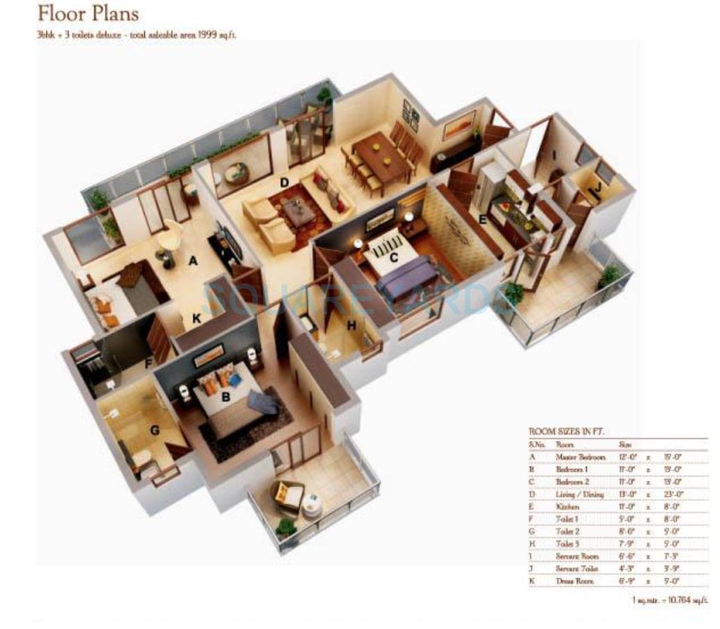 Floor plan of 3 BHK 1999 Sq. Ft. Apartment in Ansal Amantre, Gurgaon