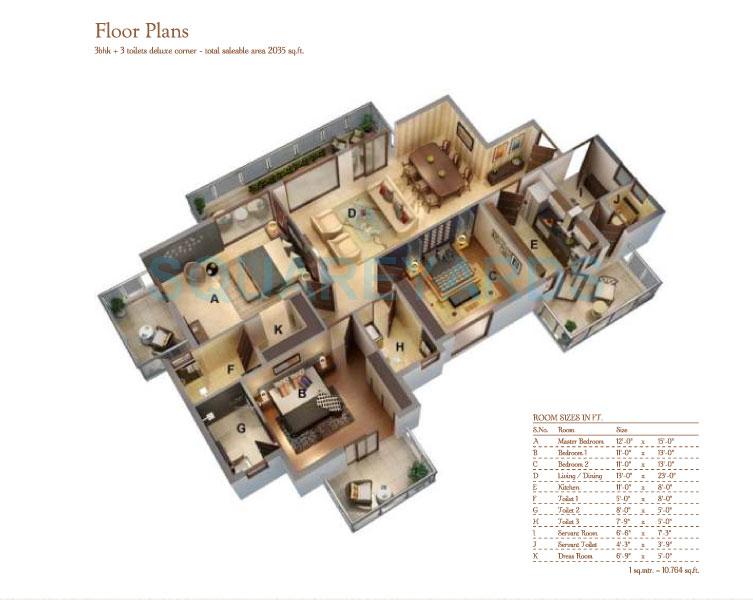 Floor plan of 3 BHK 2035 Sq. Ft. Apartment in Ansal Amantre, Gurgaon